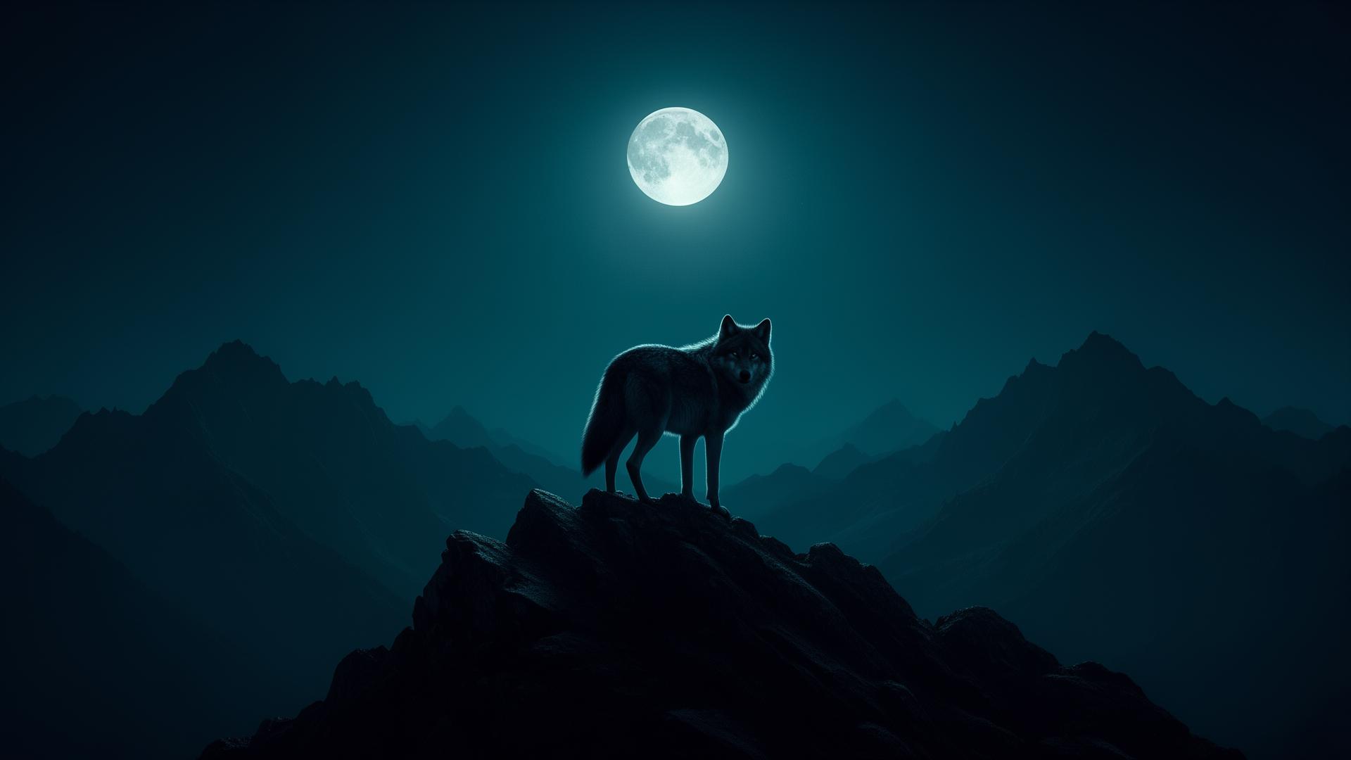Lone wolf under moonlight on mountain ridge